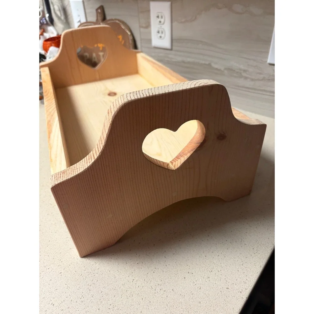 Handmade Pine Wood Tray Heart Cutout Handles Farmhouse
